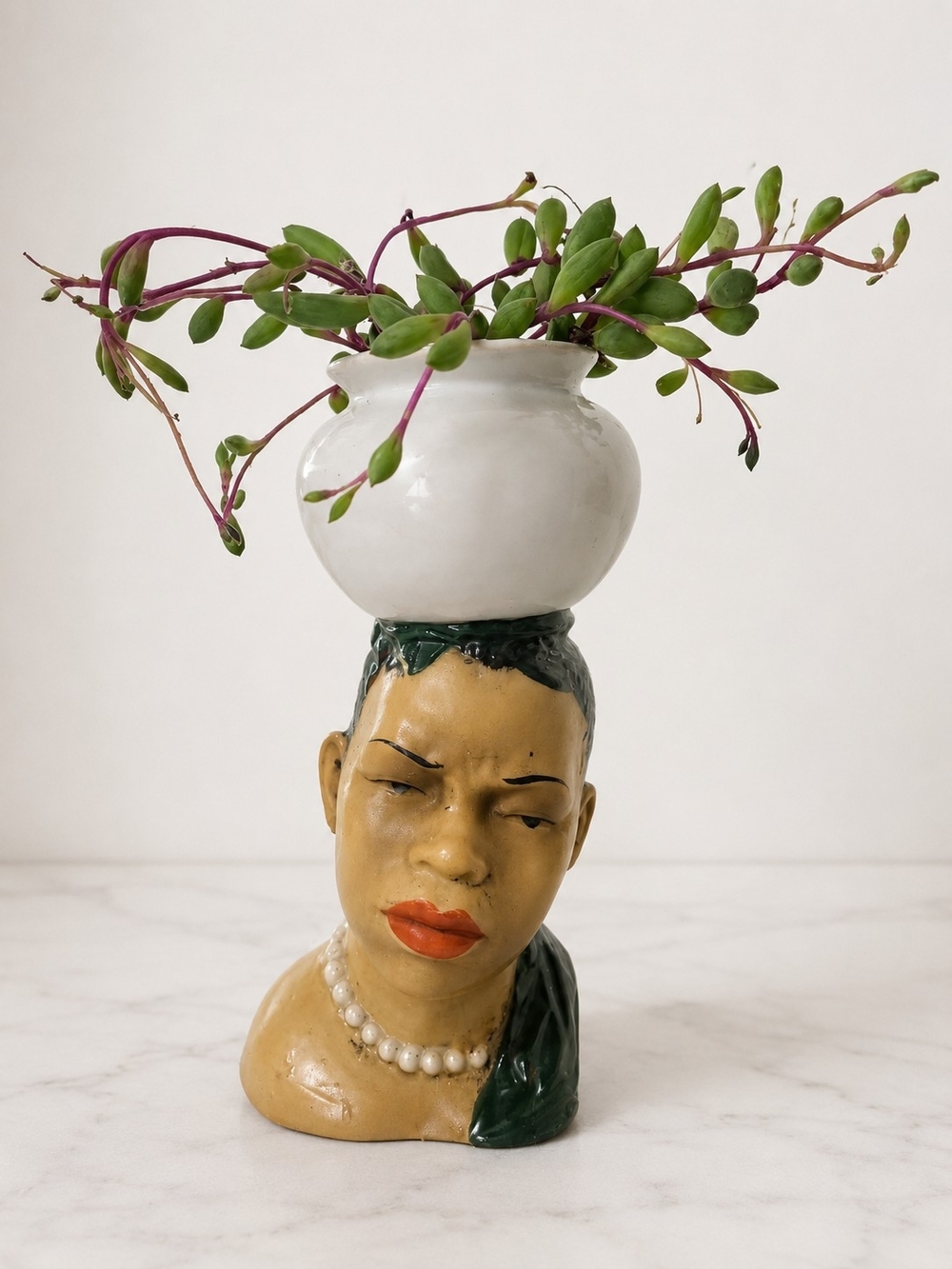 Vintage Ceramic Lady Head Planter Vase with Succulent – Mid-Century Style Bust